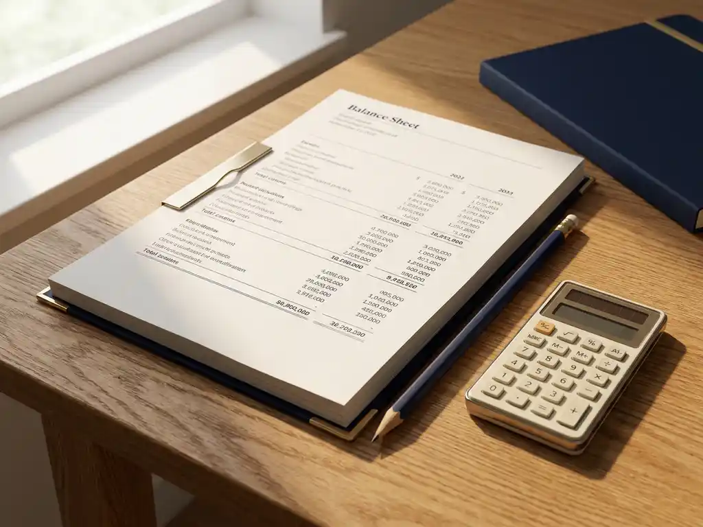Balansoverzicht op eikenhouten bureau met potlood en rekenmachine, financiële cijfers zichtbaar in warm natuurlijk licht.