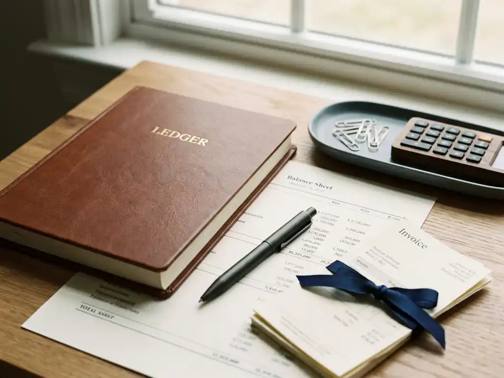 Accountantsbureau met leren grootboek, facturen en pen op een balansoverzicht in zacht natuurlijk licht.