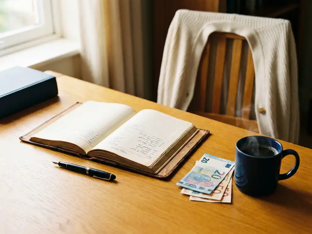 Eiken bureau met opengeslagen leren kasboek, pen, eurobiljetten en dampende koffie in warm natuurlijk licht.
