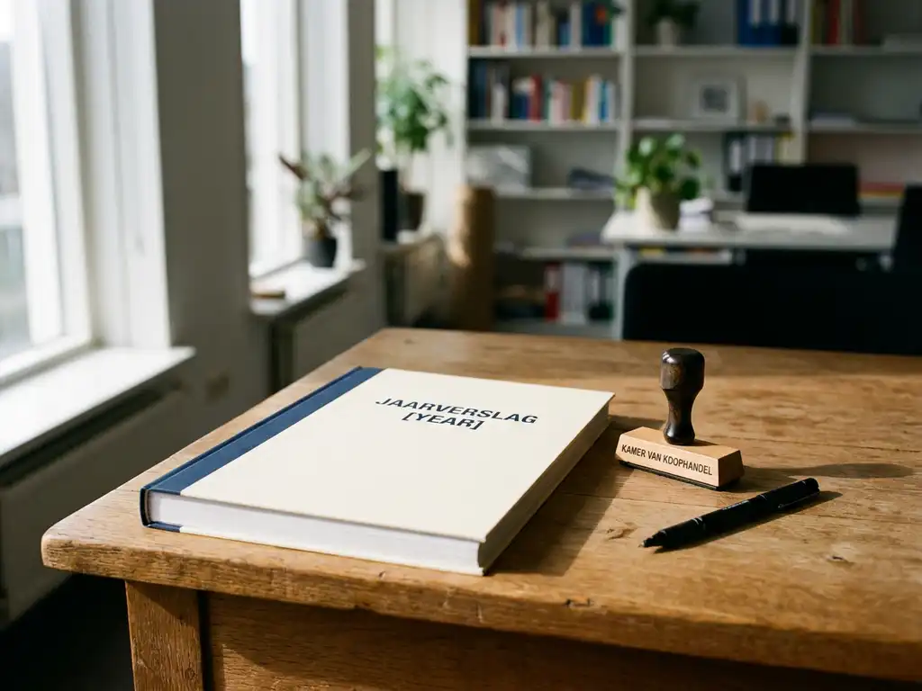 Jaarverslag op eikenhouten bureau naast KvK-stempel en accountantspen, warm natuurlijk licht, modern Nederlands kantoor.